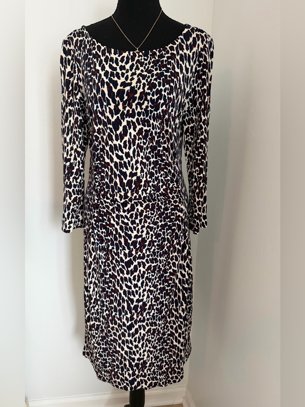 Tory Burch Leopard Print Ruched Midi Dress Size 4 Long Sleeve 100% Rayon